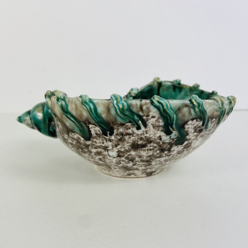 Vtg Italy Trinket Dish Catch All Seashell Jade Green Painted Speckled MCM Signed - Picture 7 of 11